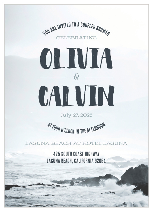 Give your guests a sneak peek of your event's venue or location, by using a photo of it as the background of your Rocky Beach Stamp Bridal Shower Invitations!