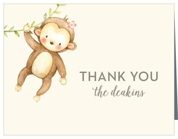 Share your gratitude with our One Fun Monkey First Birthday Thank You Cards. These adorable cards feature a baby monkey swinging from a vine on the left.