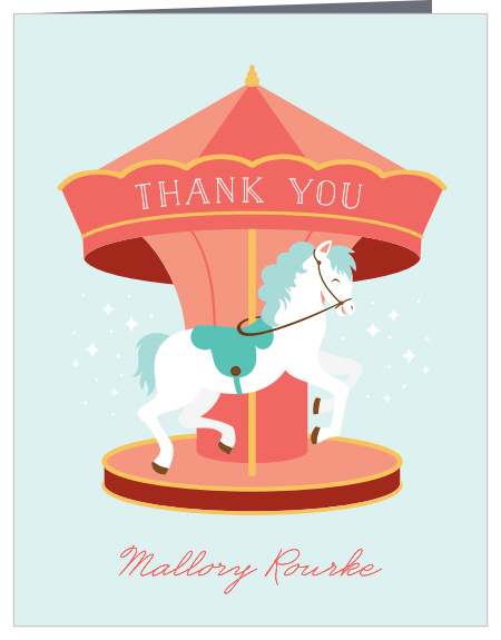 The presence of familyl and friends at your child's celebration was very meaningful, express your appreciation with our Merry-Go-Round First Birthday Thank You Cards.