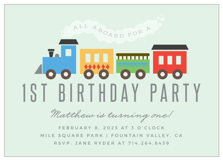 Make sure close friends and family are all aboard to celebrate your little one's special day with our Steam Train First Birthday Invitations.