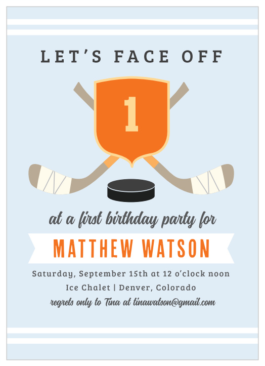 Keep things cool for your little one's biggest day yet with the ice-blue design of our Hockey Star First Birthday Party Invitations.