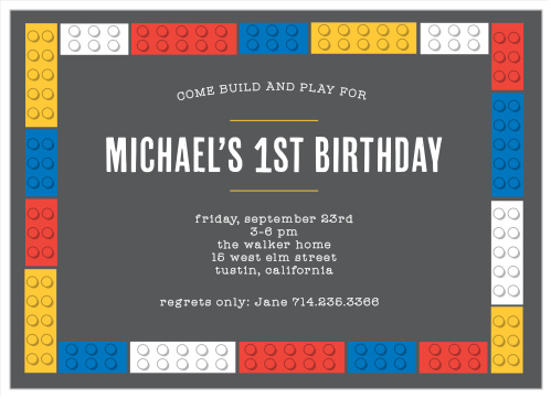 Get your guests ready for a blast with our Building Bricks First Birthday Invitations.