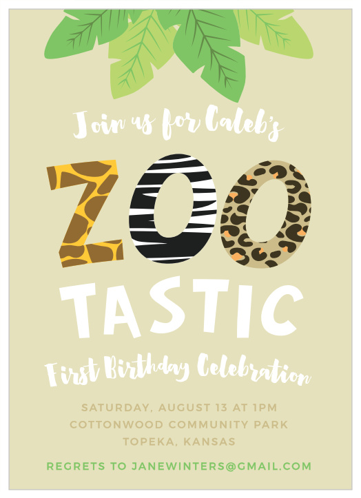 Your little cub's special day is coming up, bring close family and friends to celebrate with our Zoo Animals First Birthday Invitations.