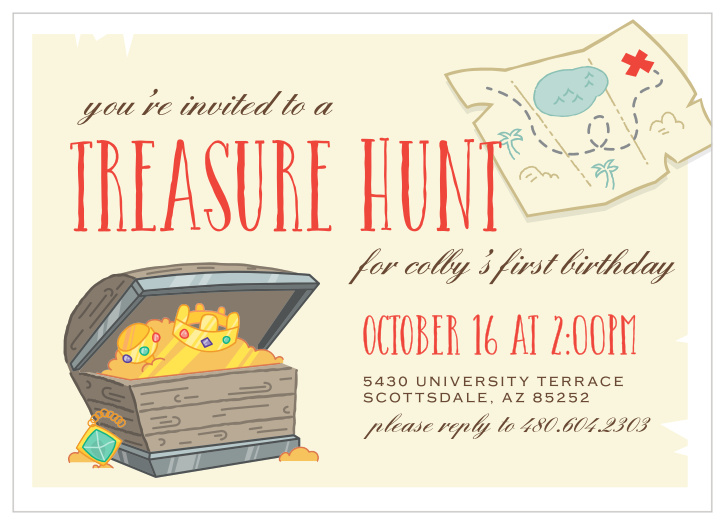Ahoy! Bring yer mateys together to celebrate your little pirate's special day with our Treasure Hunt First Birthday Invitations.