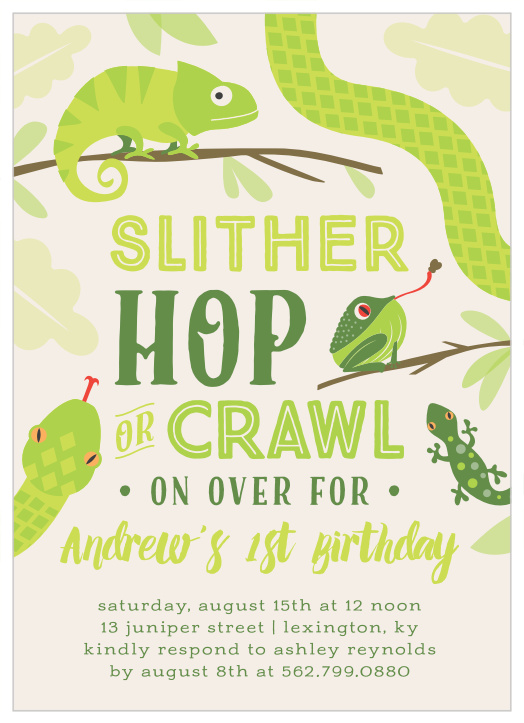 Your little one's special day is coming up, have family and friends slither, hop, or crawl on over to celebrate when you send out our Snakes & Lizards First Birthday Invitations.