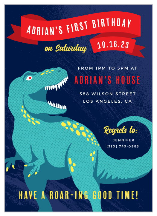 Enjoy a Roaring good time with this the Roaring Rex First Birthday Party Invitations.
