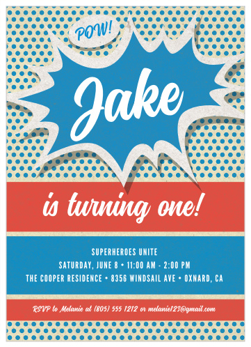 Get your guests ready for a blast with our Comic Pow First Birthday Invitations.
