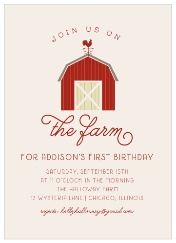 Host a visit to Old MacDonald with the classic styling of our On the Farm First Birthday Party Invitations.