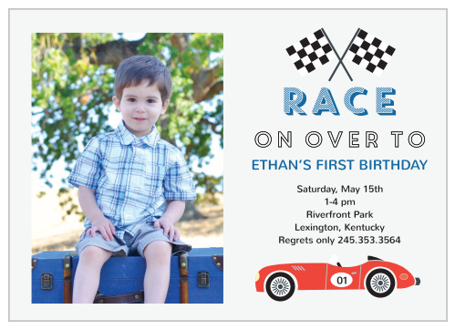 Show off your little racer with the Raucous Raceway Photo First Birthday Party Invitations.