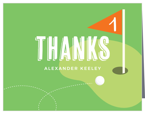 A lovely sunny day on the putting green sets the scene for our Let's Golf First Birthday Party Thank You Cards.