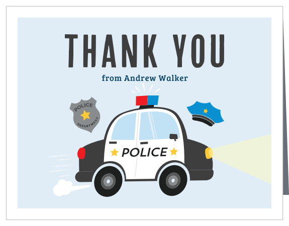 Share your gratitude in a flashy way with our Little Police Car First Birthday Party Thank You Cards!