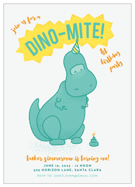Get your guests ready for a blast with our Dino-Mite First Birthday Invitations.