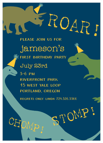 Have close family and friends stomp their way over to celebrate your little one's special day with our Dynamic Dinos First Birthday Invitations.