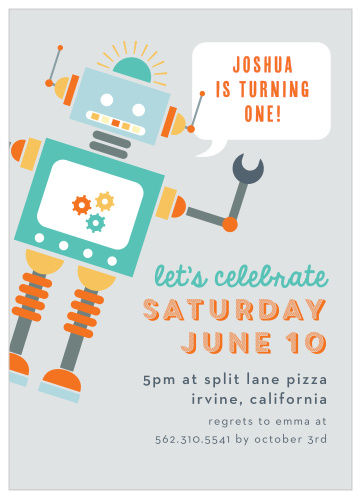 Use every tool available to you to make the best possible party for your little one with our Robot Celebration First Birthday Party Invitations!