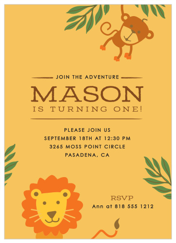 Give your little monkey their best birthday party yet with our Jungle Safari First Birthday Party Invitations!