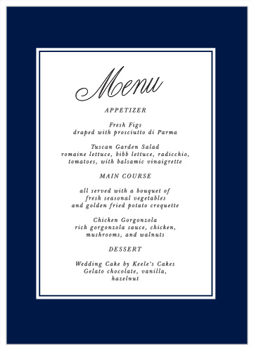 Let friends and family know what you will be serving at your reception with our Calligraphic Slant Wedding Menus.