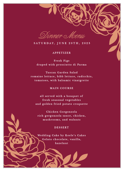 Our beautiful Rose Outline Wedding Menus are sure to impress your guests!