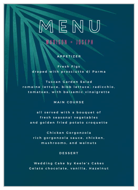 Allow our Retro Paradise Wedding Menus to stylishly present your event's meal to your guests!