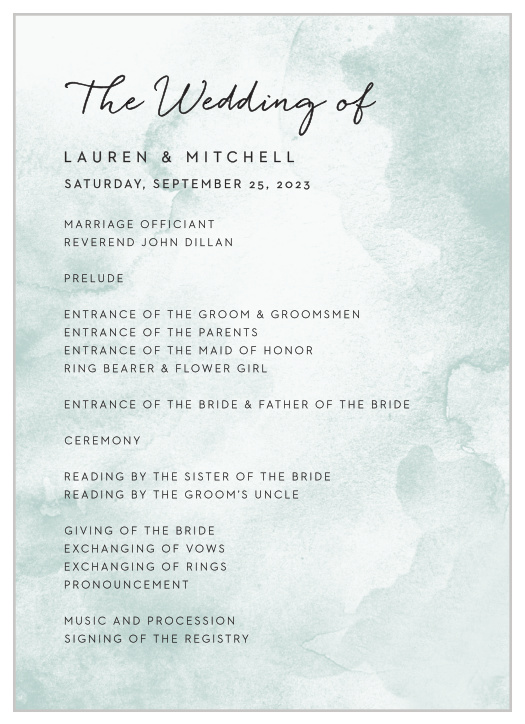Our gorgeous, moody, modern Watercolor Wash Wedding Programs design are so easily customized to fit any wedding theme!