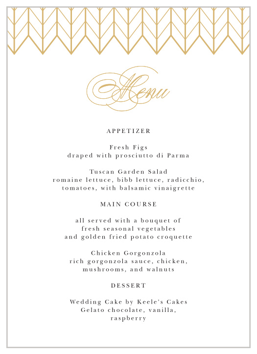 Make a lasting impression with our timeless Glamorous Chevron Wedding Menus.