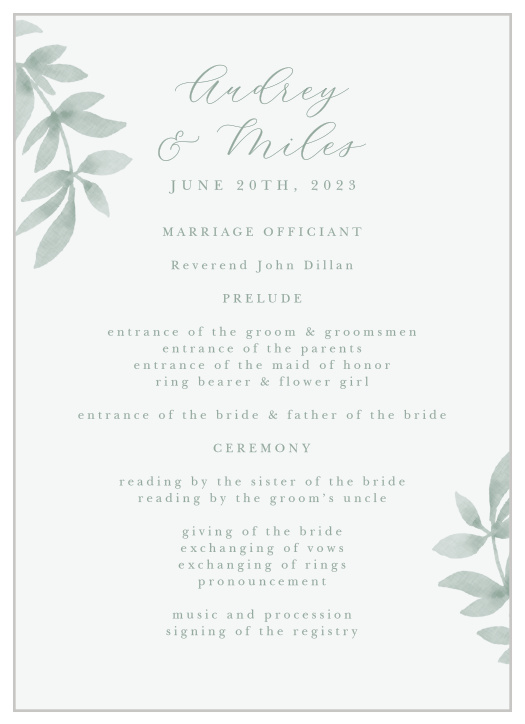 Keep family and friends up-to-date throughout your marriage ceremony with our Flowing Ferns Wedding Programs.