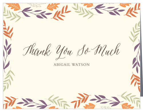 Our Autumn Harvest Baby Shower Thank You Cards feature a border of colorful, fall foliage.