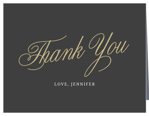 Golden Calligraphy Baby Shower Thank You Cards help you say everything you could ever need to. Your message of gratitude is spelled out, larger than life, in a gold-foil calligraphy through the center of the card- just before you sign off with your name in beautiful white print.