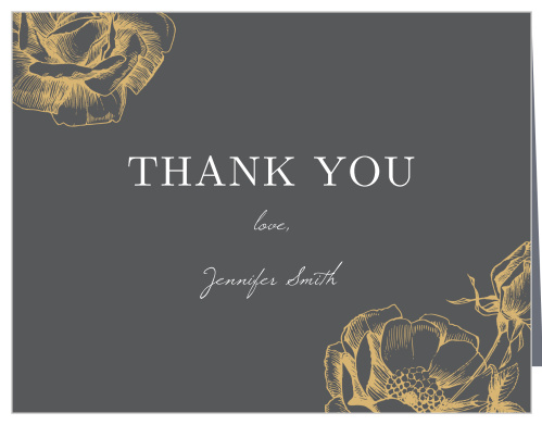 A gorgeous trio of gold-foil roses decorates the front of our Sketched Rose Baby Shower Thank You Cards. Spell out your message of gratitude in a mix of elegant print and subtle script, ensuring that your guests have a fantastic last peek at the style of your celebration.