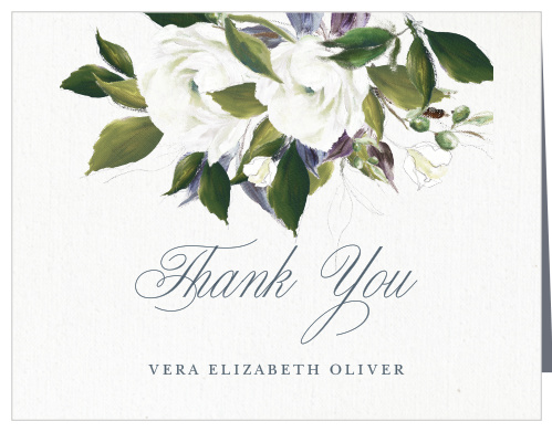 The Blooming Elegance Baby Shower Thank You Cards are a vintage marvel, with a canvas background topped with painted blooms and elegant script.