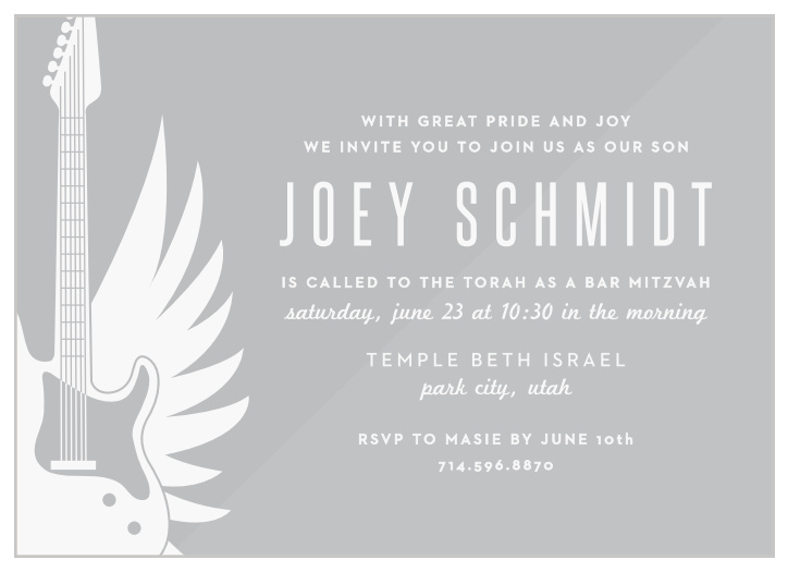 Request the attendance of family and friends to your child's important day with our Guitar Mitzvah Clear Bar Mitzvah Invitations.
