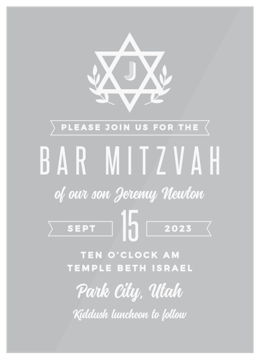 Bring family and friends together to celebrate your child's big day with our Kraft Laurel Clear Bar Mitzvah Invitations.