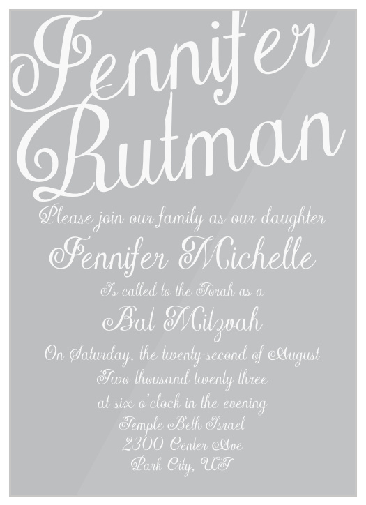 Request the attendance of family and friends to one of the most important moments of your child's life with our Modern Elegance Clear Bat Mitzvah Invitations.