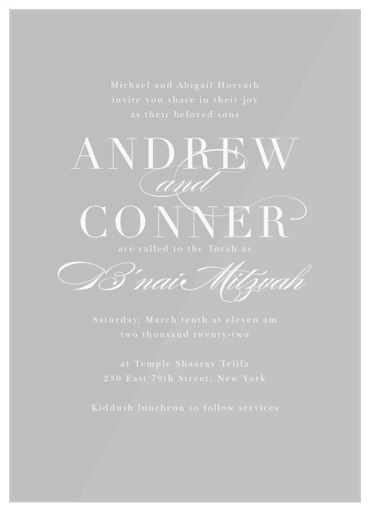 Make your child’s special day a memorable one with our B’nai Watercolor Clear B’nai Mitzvah Invitations.
