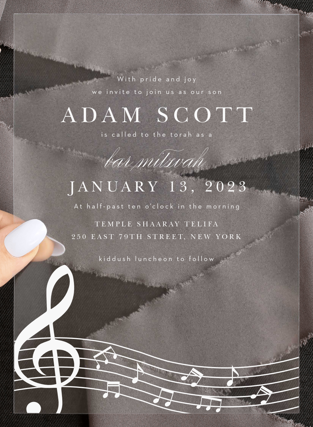 Musical Notes Clear Bar Mitzvah Invitations