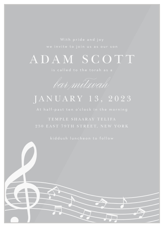 Our Musical Notes Clear Bar Mitzvah Invitations gather cherished family and friends together to attend your son's coming-of-age ceremony.