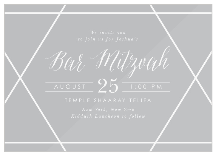 Request the presence of close friends and family to your son's coming-of-age ceremony with our Navy Star Clear Bar Mitzvah Invitations.