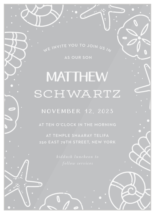 Our Ocean Vibes Clear Bar Mitzvah Invitations gather cherished friends and family together to celebrate your son's big day.