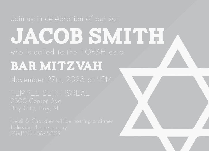 Invite your friends and family to your upcoming Bar Mitzvah, using our Subtle Watermark Clear Bar Mitzvah Invitations!