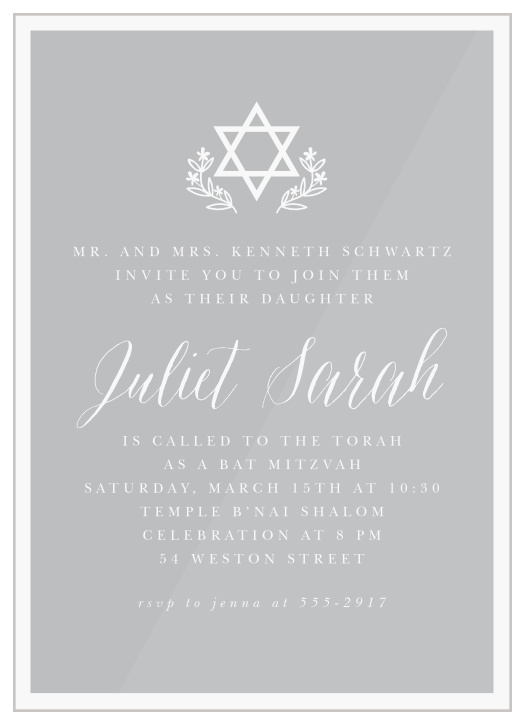 Request the presence of cherished friends and family for your daughter's important day with our Romantic Script Clear Bat Mitzvah Invitations.