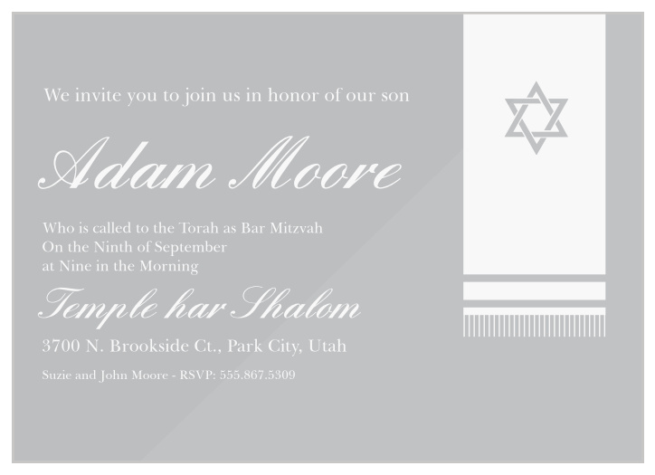 Gather cherished friends and family for one of your son's most important moments with our Prayer Shawl Clear Bar Mitzvah Invitations.