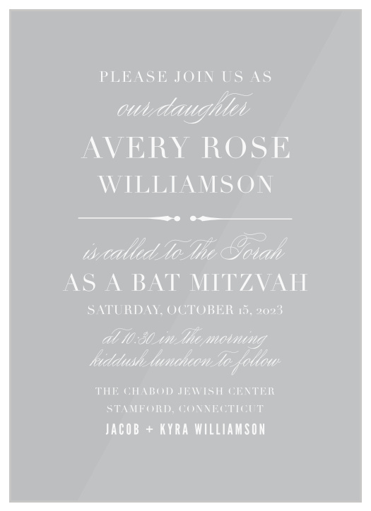 Bring cherished friends and family together to attend your daughter's coming-of-age ceremony with the minimalist look of our Perfect Type Clear Bat Mitzvah Invitations.