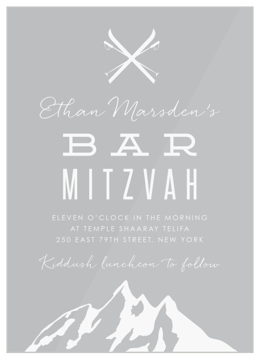 Hit the slopes of your party by inviting your loved ones with our Ski Mountain Clear Bar Mitzvah Invitations!