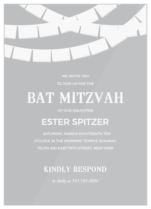 Gather close friends and family together to celebrate one of the most important moments of your child's life with our Fiesta Banner Clear Bat Mitzvah Invitations.