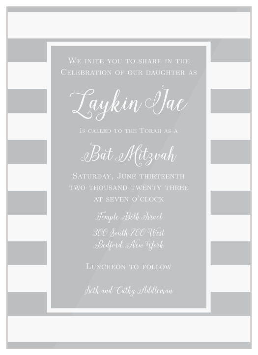 Our Golden Stripes Clear Bat Mitzvah Invitations brings family and friends together for one of the most important moments of your child's life.