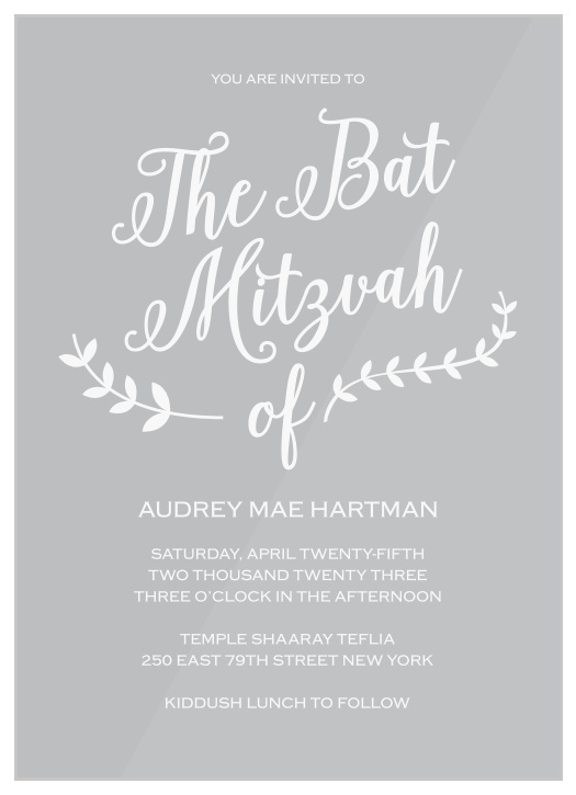 One of the most important moments of your child's life is coming up, bring cherished family and friends together to celebrate when you send out our Lovely Lettering Clear Bat Mitzvah Invitations.
