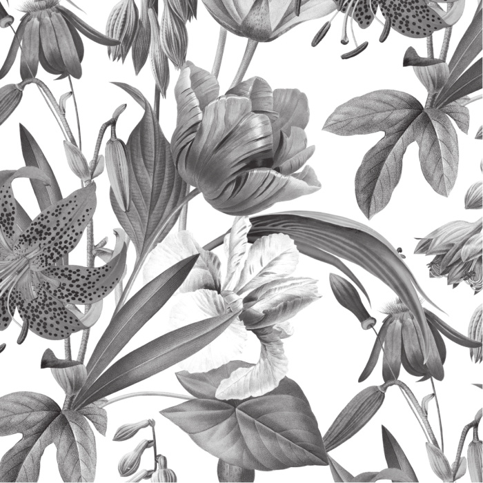 The classic design of our Flora Botanica Peel And Stick Removable Wallpaper features subtle, grey botanicals over a light background.
