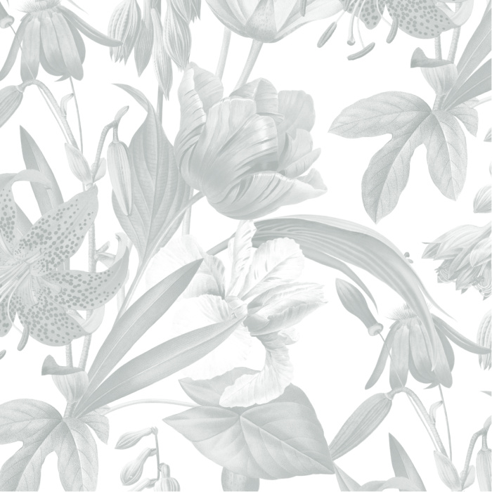 The classic design of our Flora Botanica Peel And Stick Removable Wallpaper features subtle, grey botanicals over a light background.