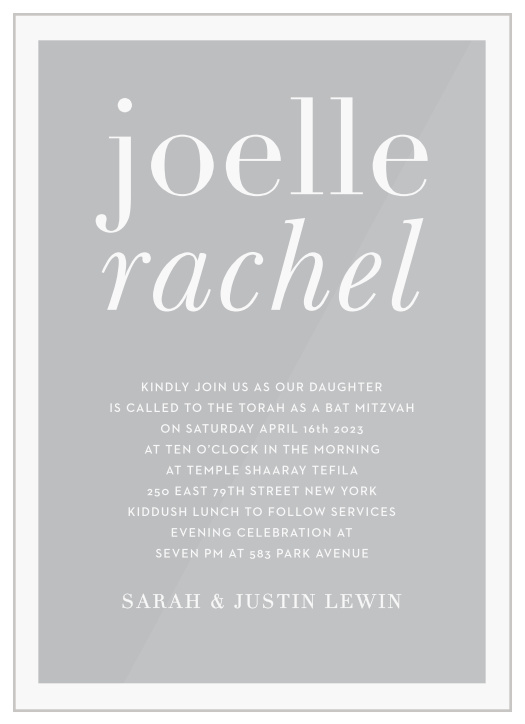 Make your child’s big day one to remember with our Bold Names Clear Bat Mitzvah Invitations.