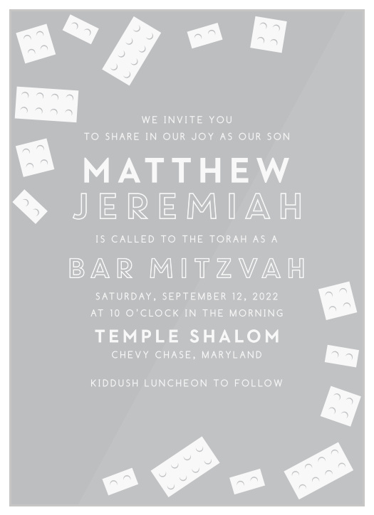 Make your child’s big day one to remember with our Building Blocks Clear Bar Mitzvah Invitations.