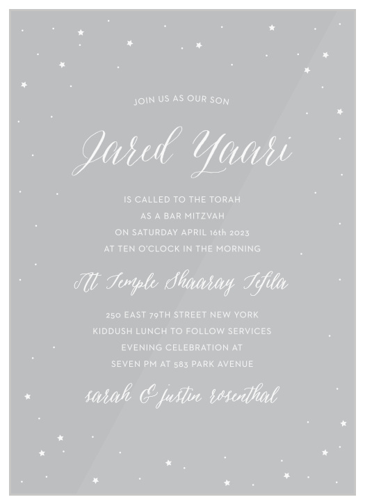 Your son's coming-of-age ceremony is coming up soon, request the attendance of family and friends when you send out our Starry Night Clear Bar Mitzvah Invitations.